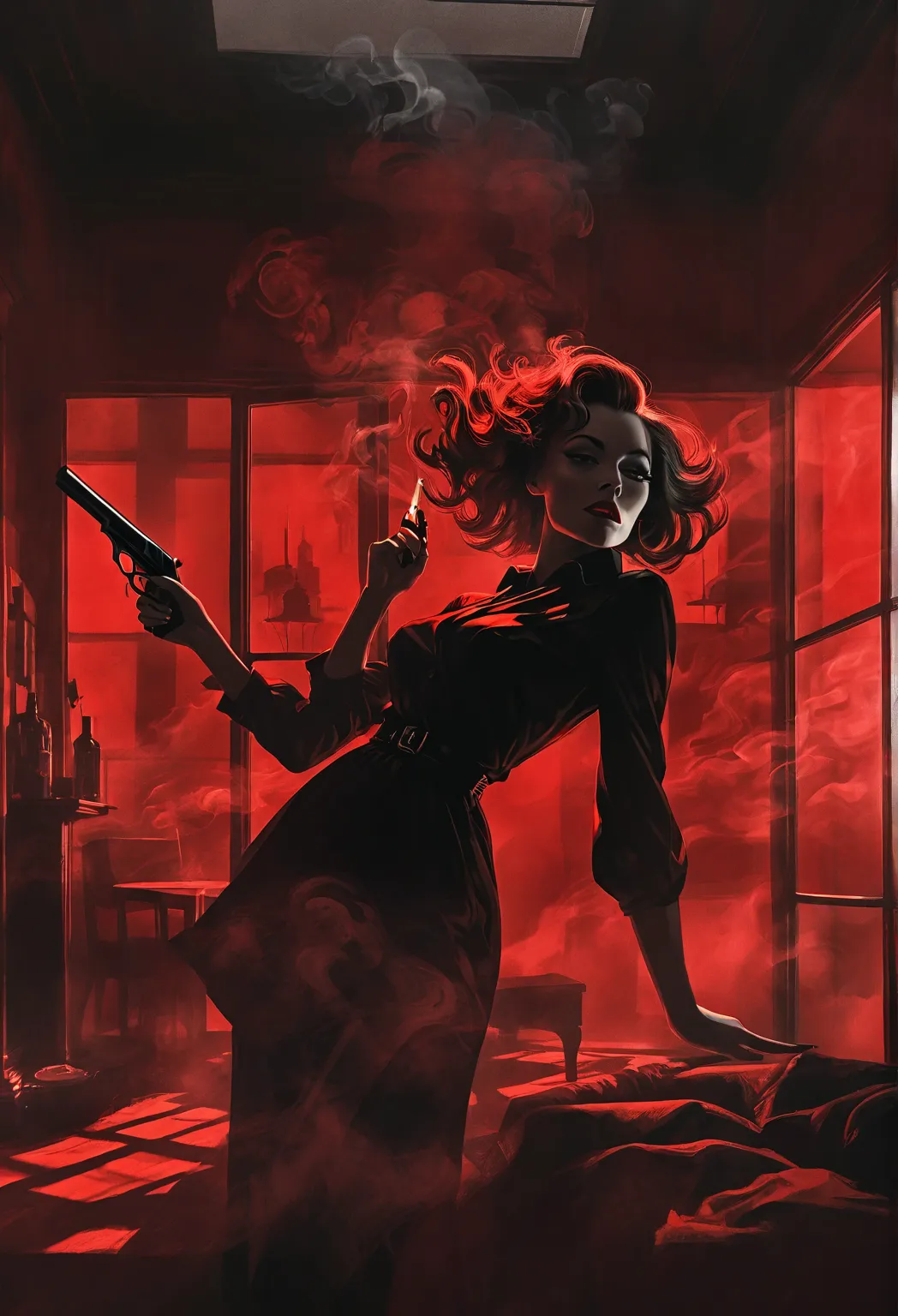 noir scene seen from high, black artwork of red high contrast, woman layed down, woman with pistol pointing at viewer, cigar on other hand and smoke going high, shutter shapes lights from window, red and black artwork.