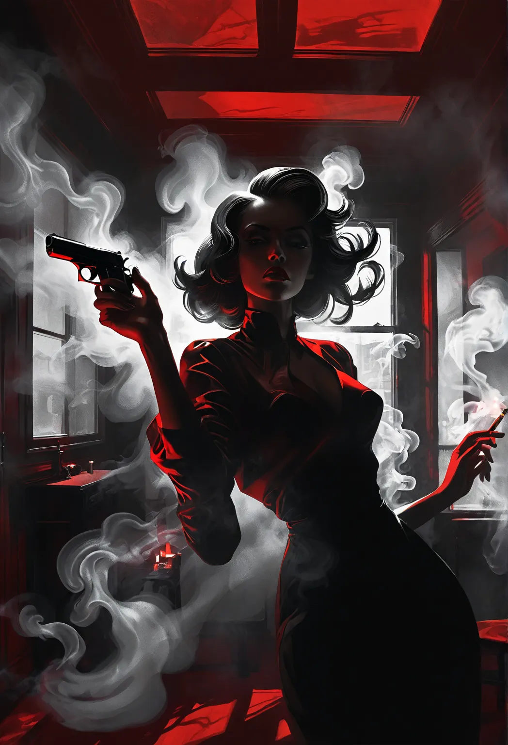 noir scene seen from high, black artwork of red high contrast, woman layed down, woman with pistol pointing at viewer, cigar on other hand and smoke going high, shutter shapes lights from window, red and black artwork.