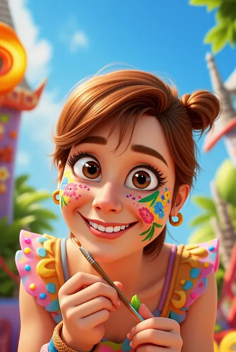 Pixar-inspired 3D poster capturing a scene with a 35-year-old brown-haired woman doing face painting