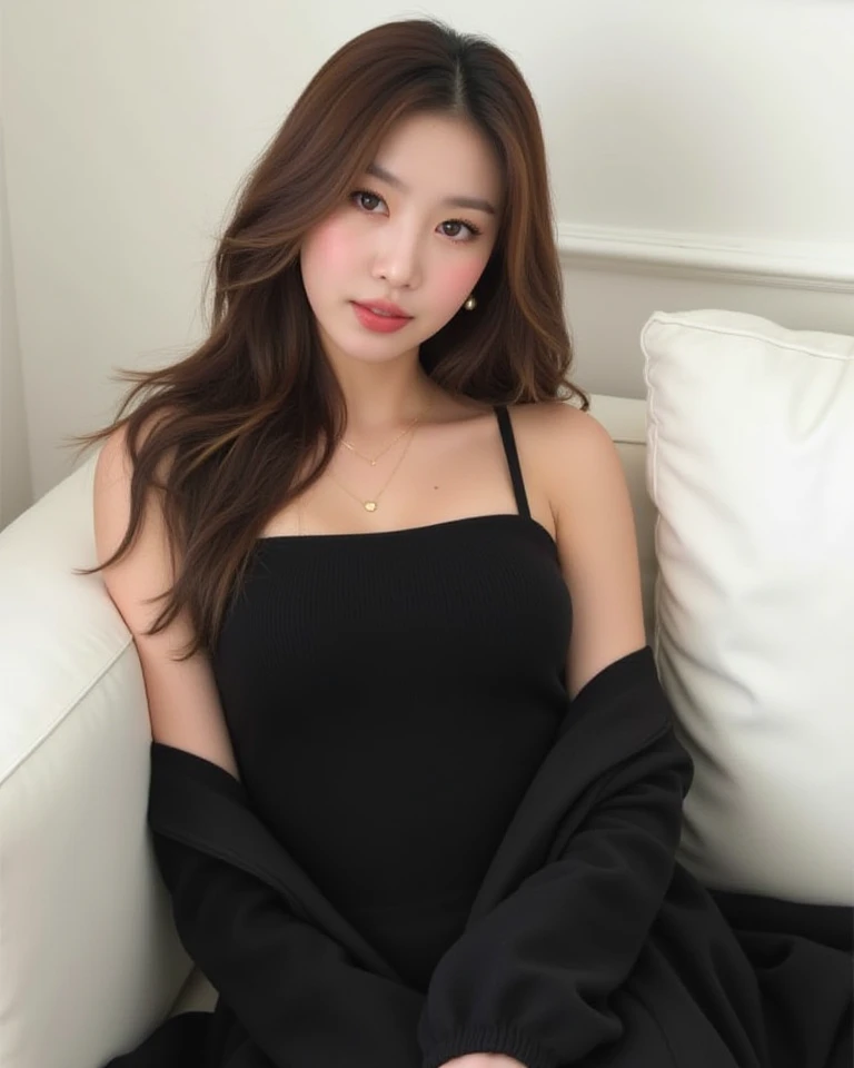 araffe woman in a black dress sitting on a white couch, tumblr, realism, Soojin, elegant seducing pose, Soojin of (G) I-dle, cute elegant pose, Seo Soojin, elegant pose reclined