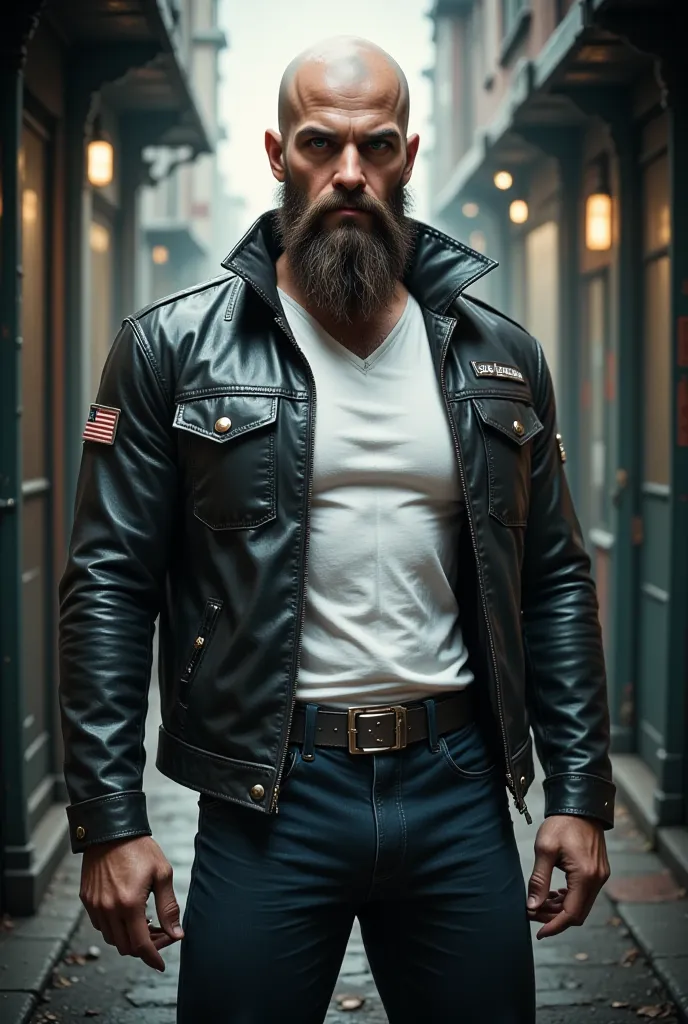 Badass man, bald, very long well-groomed beard, white T-shirt, leather pants, leather jacket, biker boots, Harley-Davidson 