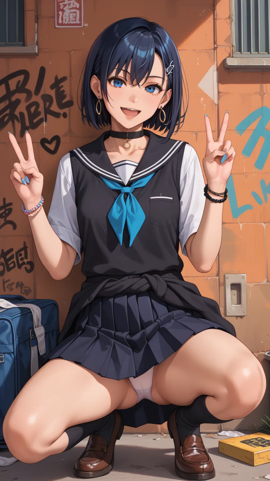  ((Best Quality)), (Super Detail), 1 Girl, Dark blue hair color, Short hair, Back alley, Wall, Graffiti, Hair between eyes, Dark blue eyes, Open legs, Squatting, Panties, Peace sign, Hair ornament, Tistol, School uniform, Collared shirt, Hairshed, Clothes ...