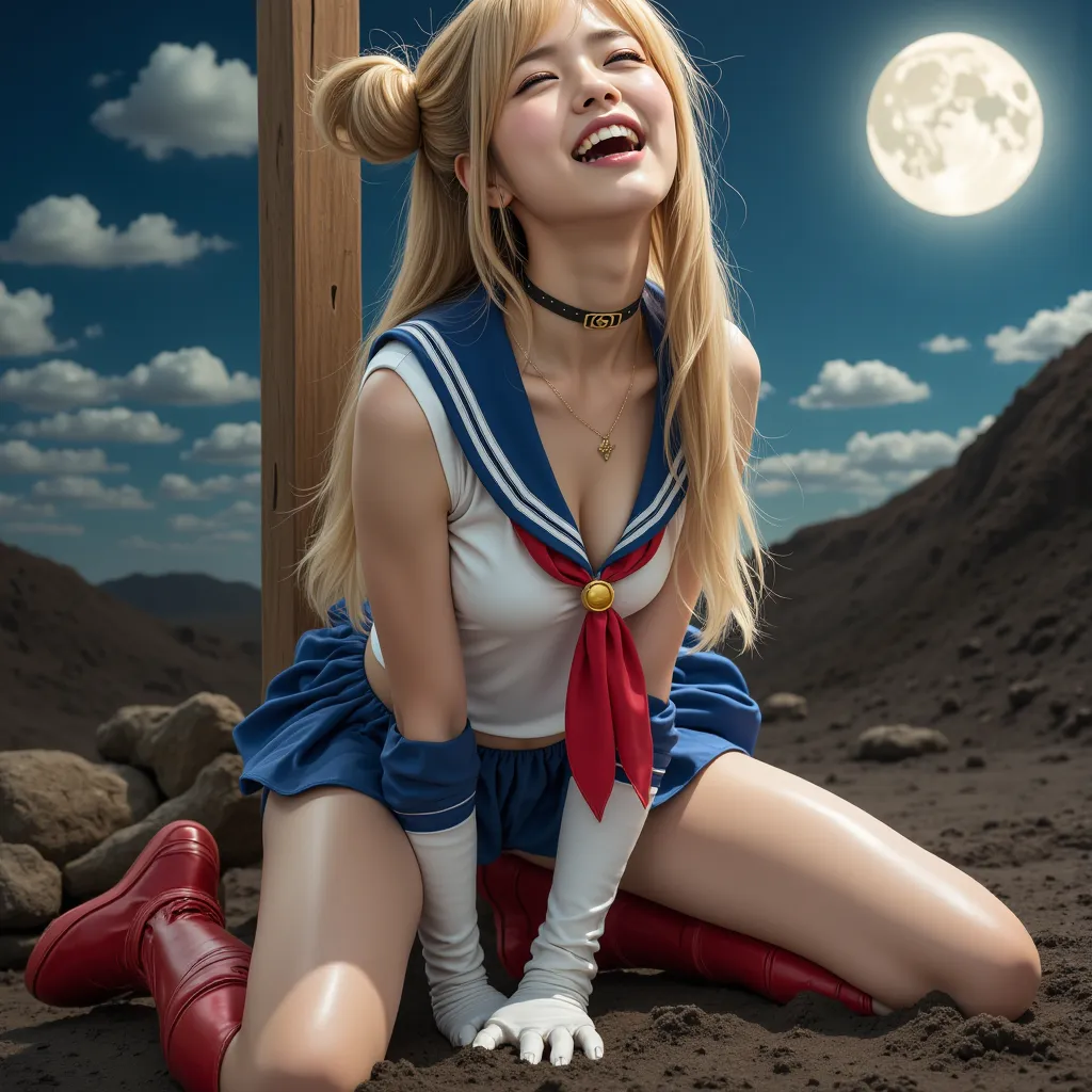 Hyperrealism, masterpiece, highest quality, A young Japanese woman is kneeling crucifixion on the cross in the dirt, dirty body, eyes close, wound, injury, crying in severe pain, painful face, blood on her body, Wearing a Sailor Moon costume, Being restrai...