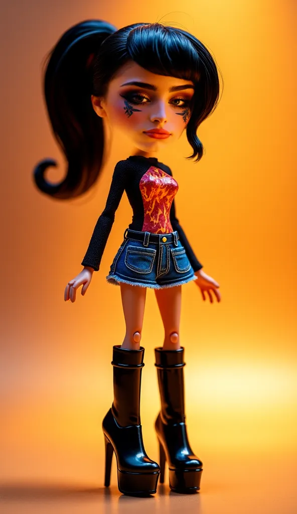 Sexy Bratz, denim short skirt and long sleeves FIRE print shirt, with big black high heel boots, short black hair in a ponytail, thick Bratz doll lips and big Bratz eyes, white skin. Full body, NO fantasy makeup, very thin rimless yellow glass sunglasses 