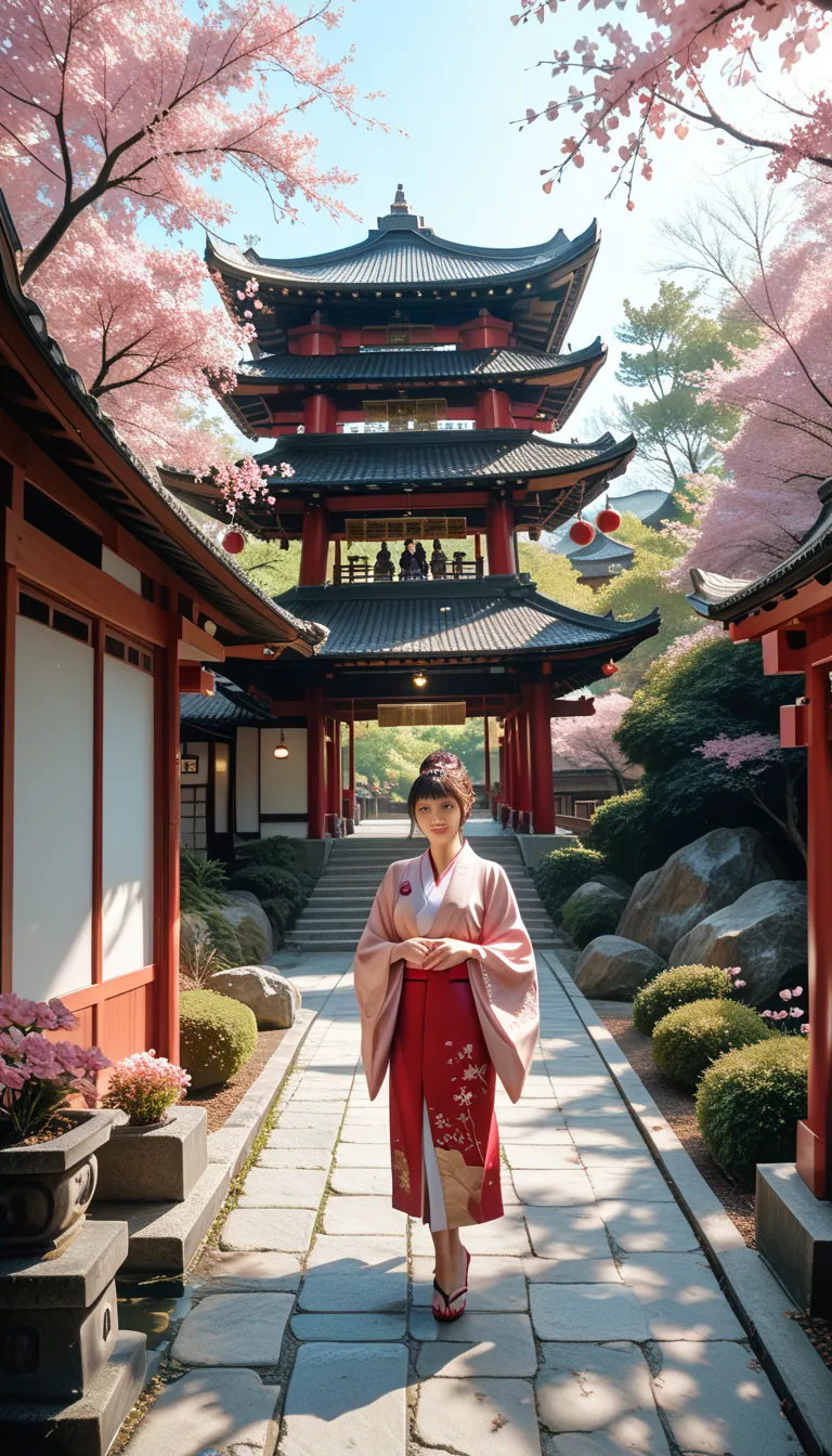 a young woman student in traditional japanese clothing, standing in a japanese garden with cherry blossom trees, intricate stone pathway, pagoda in background, natural lighting, photorealistic, 8k, extremely detailed, masterpiece, vibrant colors, cinematic...