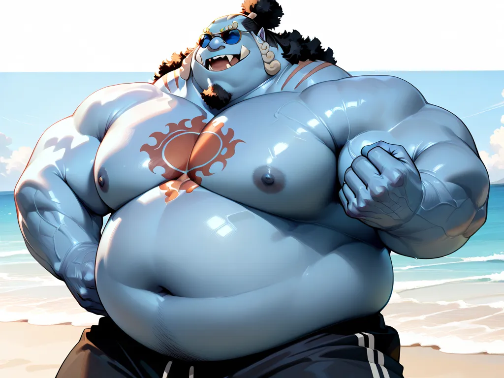 solo, 1boy,jinbe, blue skin, detailed face, beach, smile, Happy, detailed eyes, shorts, chest tattoo, wide shoulder, thick arms, (chubby, belly), wide pectoral, muscle, short hair:1.2, detailed eyes, focus eyes, sunglasses, shirtless, masterpiece, semireal...