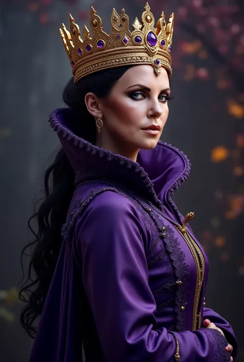 Create a character inspired by the attached photo. In her almost black purple outfit. And the Golden Crown, in that same position. 