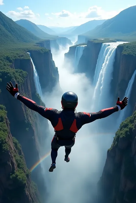 4️⃣ Wingsuit Jump Over a Giant Waterfall
"First-person perspective of a wingsuit athlete moments after jumping from a towering cliff. His hands, covered in aerodynamic gloves, are extended in front of him, controlling his flight. Below, a colossal waterfal...