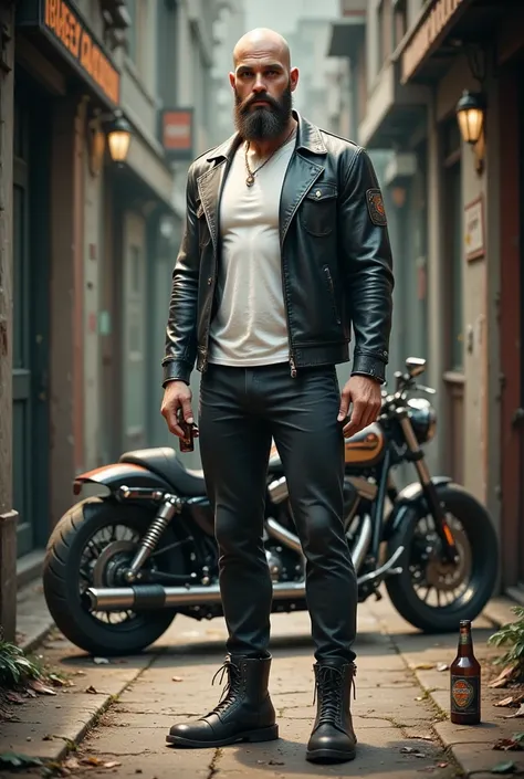 Badass man, bald, very long well-groomed beard, white T-shirt, leather pants, leather jacket, biker boots, Harley-Davidson, bottle of beer in his left hand.