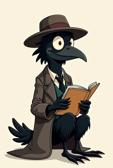 anthropomorphized black crow with a fedora and long coat, ligne claire cartoon drawing style. the character is sitting with a sketchbook
