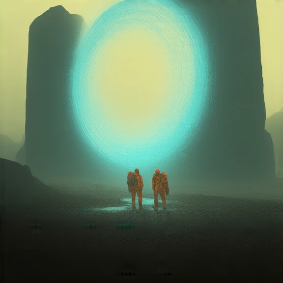 yfg-f@ce, YFG-SpyWorld50s, A surreal Venusian landscape with two colossal halved monoliths facing each other, forming a near-perfect circular portal in their combined silhouette. The monoliths rise from the cracked and rugged terrain, their weathered surfa...