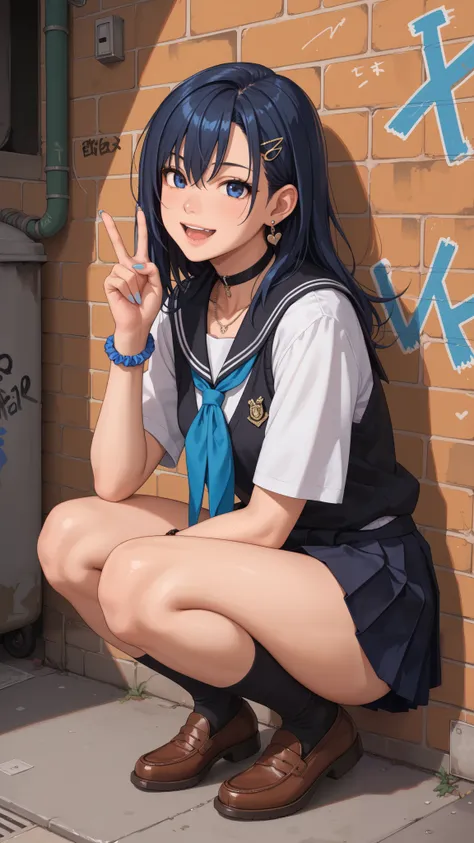 ((Best Quality)), (Super Detail), 1 Girl, Dark blue hair color, Short hair, Back alley, Wall, Graffiti, Hair between eyes, Dark blue eyes, Open legs, Squatting, Panties, Peace sign, Hair ornament, Tistol, School uniform, Collared shirt, Hairshed, Clothes ...