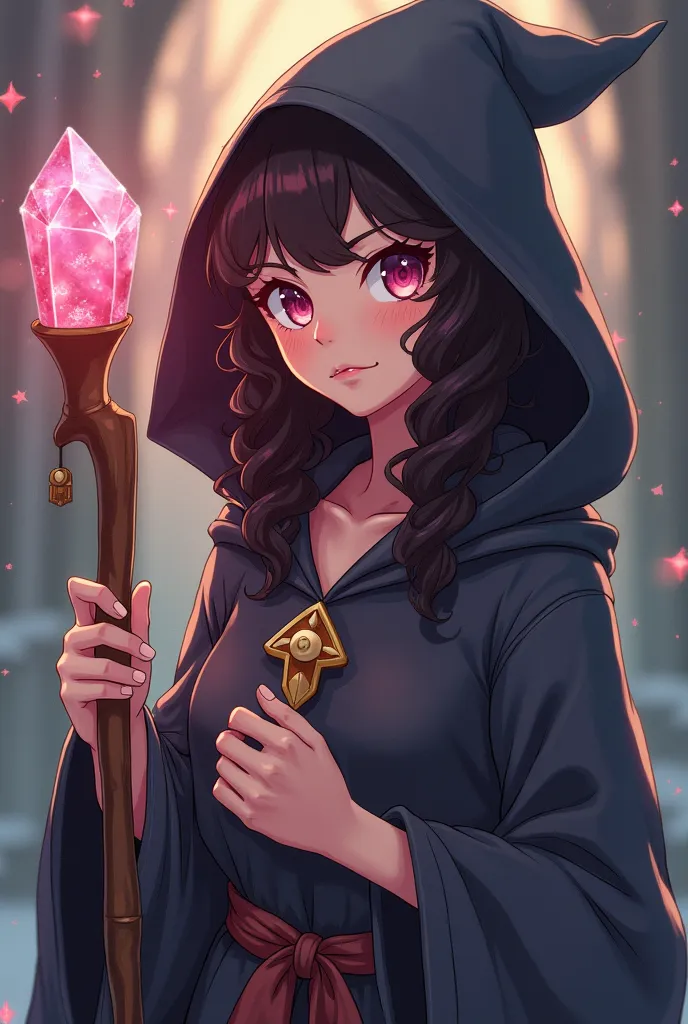 Draw me a magician (Women) of about 20 years of age with curly hair wearing a hooded robe placed on her head and in her hand holding a wooden staff that contains a full-body pink quartz on its upper tip (anime style)