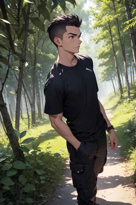 Italian anime male, olive skin, sharp hunter eyes, sharp face, brown eyes, 18 year old features,no facial hair, clean shaven, low faded sides, medium length fohawk, sharp eyebrow, lean, handsome face, black fitted t-shirt, black long cargo pants, black run...