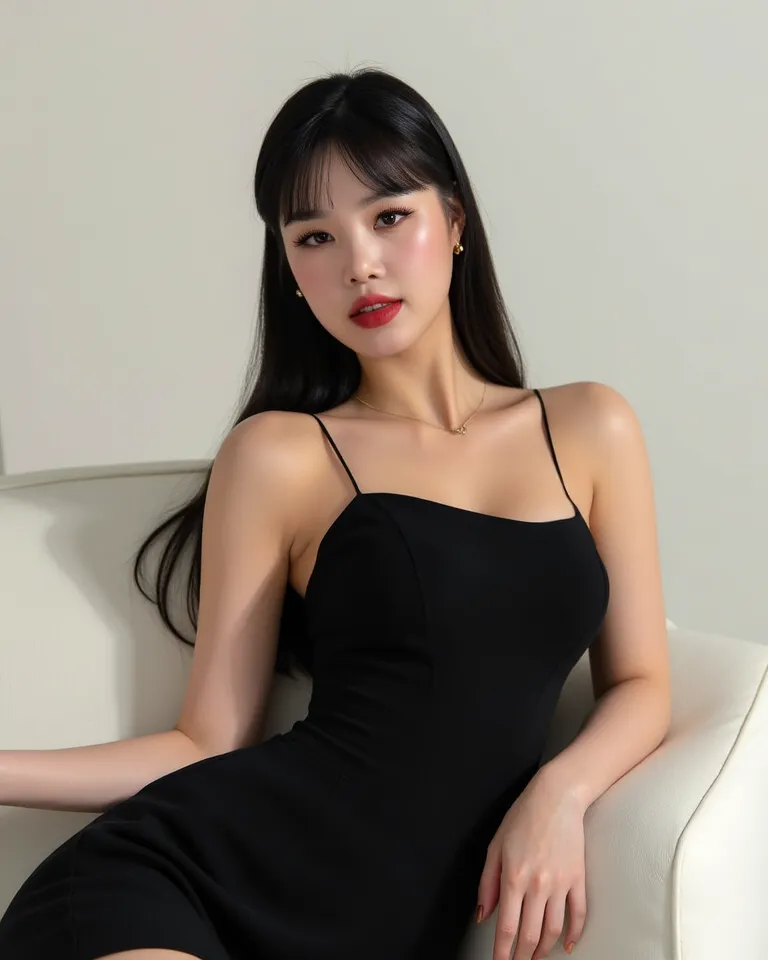 araffe woman in a black dress sitting on a white couch, tumblr, realism, Soojin, elegant seducing pose, Soojin of (G) I-dle, cute elegant pose, Seo Soojin, elegant pose reclined, sexy dress