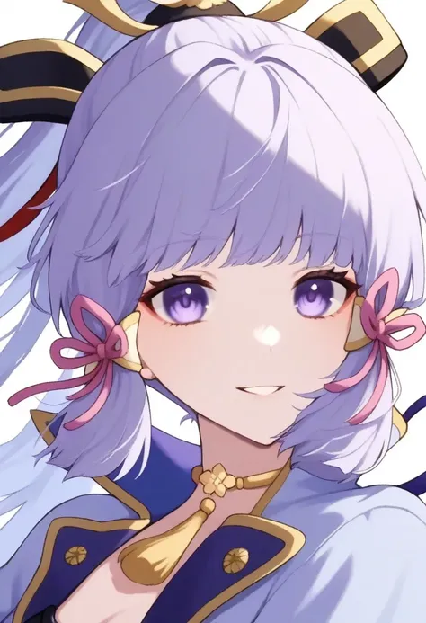  played by Super Power Factor )  An anime girl wearing purple clothes with purple hair and purple eyes,  Ayaka from Genshin Impact , [[[[Laughing evilly]]]], Akasuki Void Star,  Onmyoji portrait , Hajime Yatate,  anime moe art style, girl in a portrait of ...