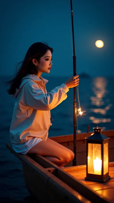 A highly detailed, ultra-realistic photograph of a sophisticated Vietnamese woman, 18 years old, enjoying a traditional night squid fishing experience on a wooden boat in Cô Tô. She is dressed in a light windbreaker and comfortable shorts, perfect for the ...