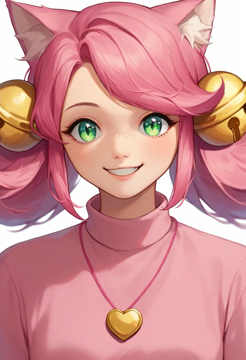 score_9, score_8_up, score_7_up, source_anime, solo, 1girl, Mew Mew, catgirl, pink hair, green eyes, cat ears, bells, pink shirt, heart locket, smile, portrait, close up, standing, arms at sides, looking at viewer, standing, white background.