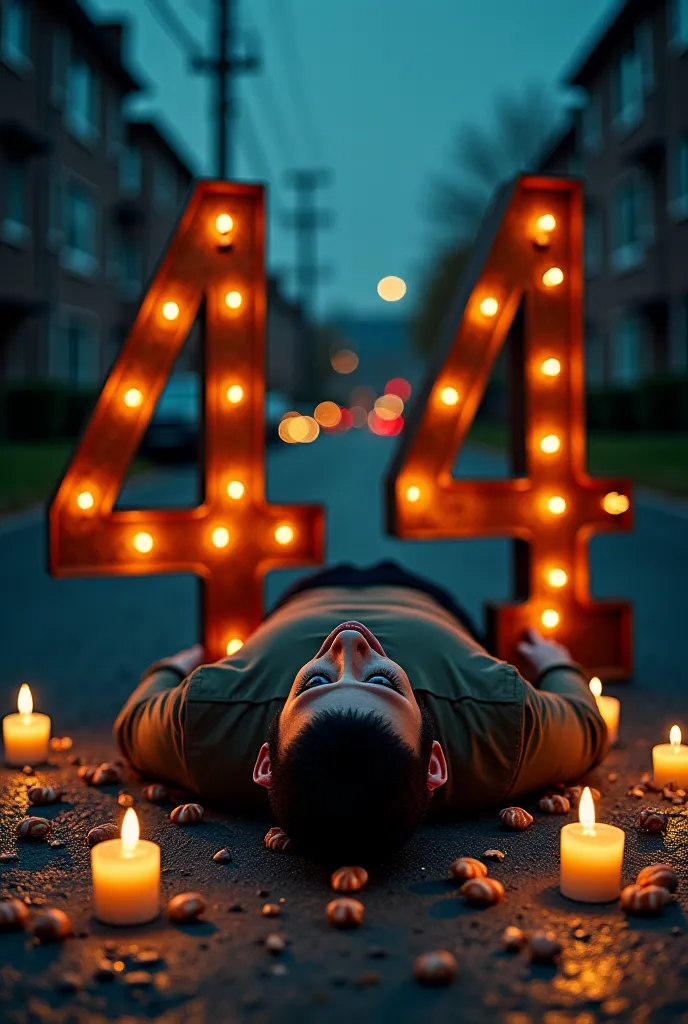 This man lying on the ground in a dark suburban street crushed by a giant number made of rusty iron 44 some sweets scattered on the street with loose candles illuminate the face of the suffering man an inch up indicates tt ok real photography 