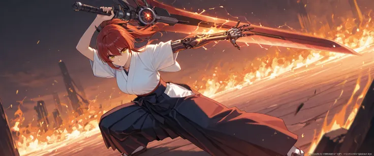 (best quality), high detailed, holding sword, high quality sword, (big weapon), (ignition burn blade:1.2), beautiful blade, (attack stance), action pose, oversized ignition sword, Girl, cyber magic, mechanical arm, burning arm, Slash, serious, hakama, beau...