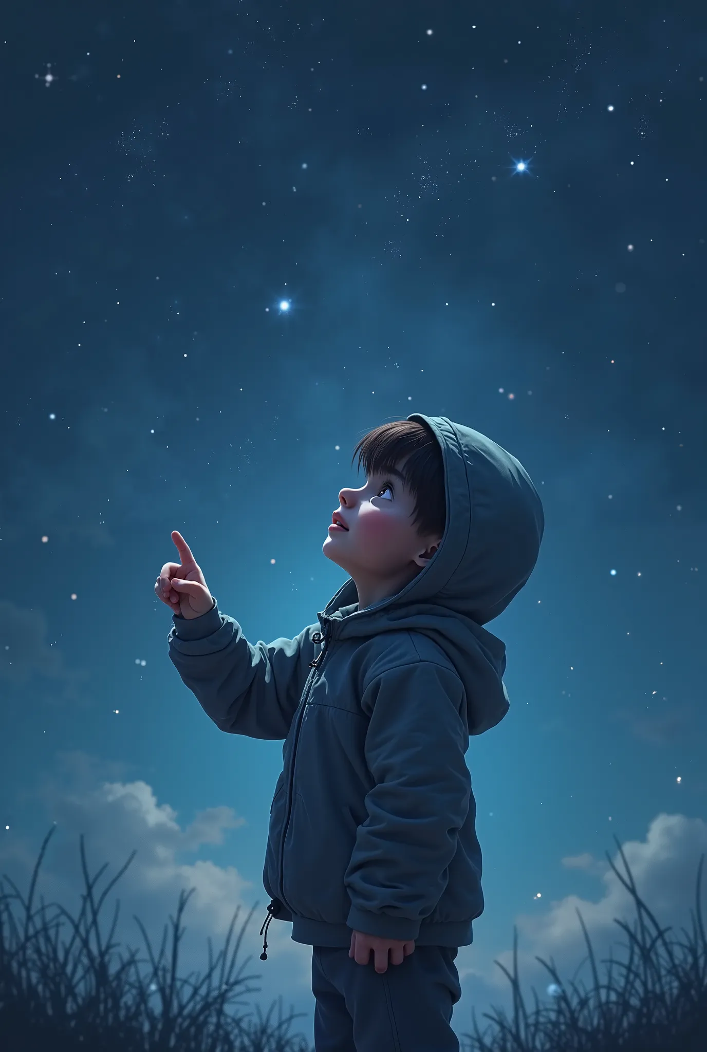 full body hoodie wearing boy pointing hand to night sky and blue colour light reflect to him