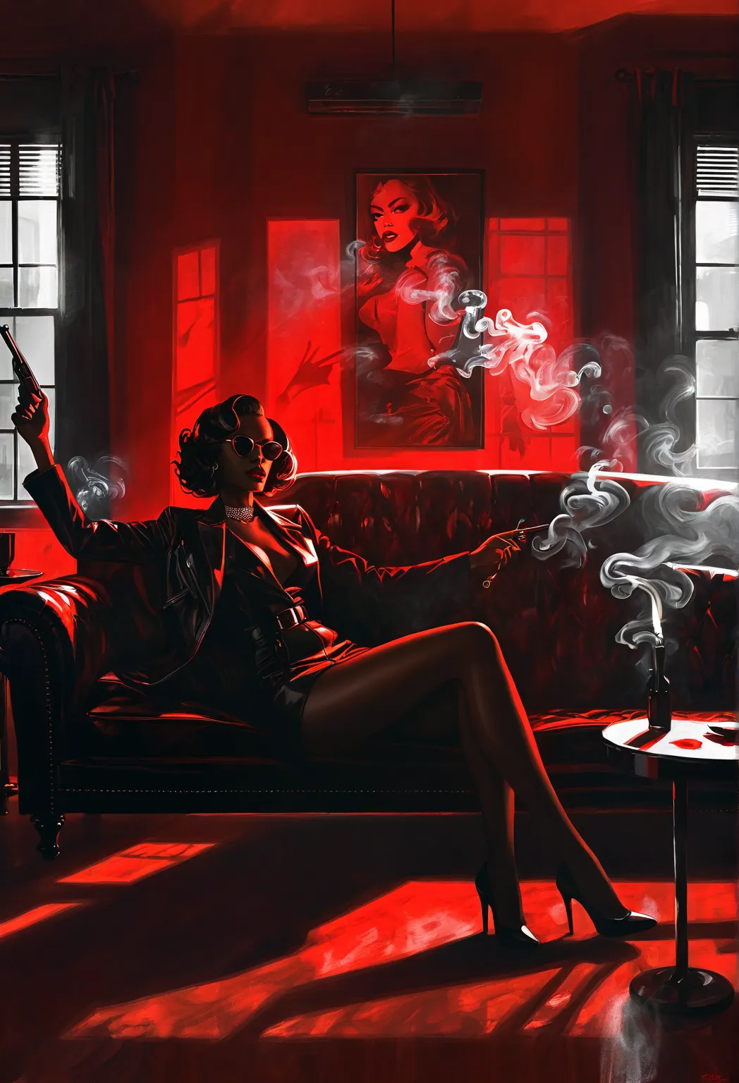 noir scene, black artwork of red high contrast featuring a woman sitted on a sofa with a pistol pointing at viewer cigar on other hand and smoke going high, half lights from the side, shutter shapes lights from window that can see the streets and car stopp...