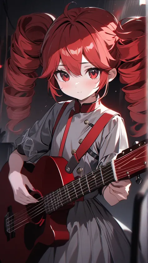  cute、1 girl、high quality、((masterpiece))、Tet、KasaneTeto、 twin drill hair、guitar、 redhead、 neat clothes in a pretty gray color,,,,,,,、 curly red hair like a drill 、 red eyes、