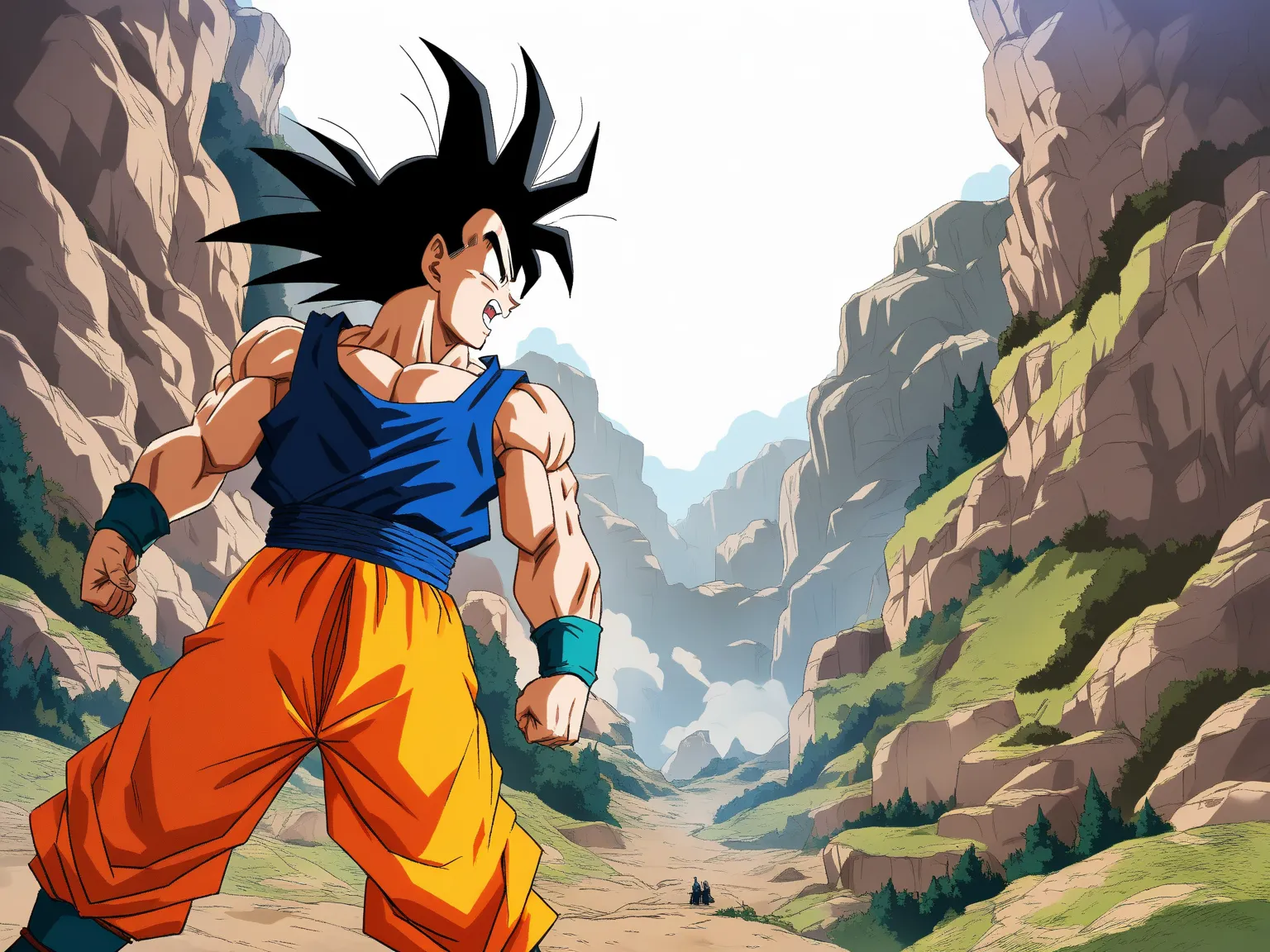 Goku and Vegeta from Dragon Ball are fighting in the wilderness