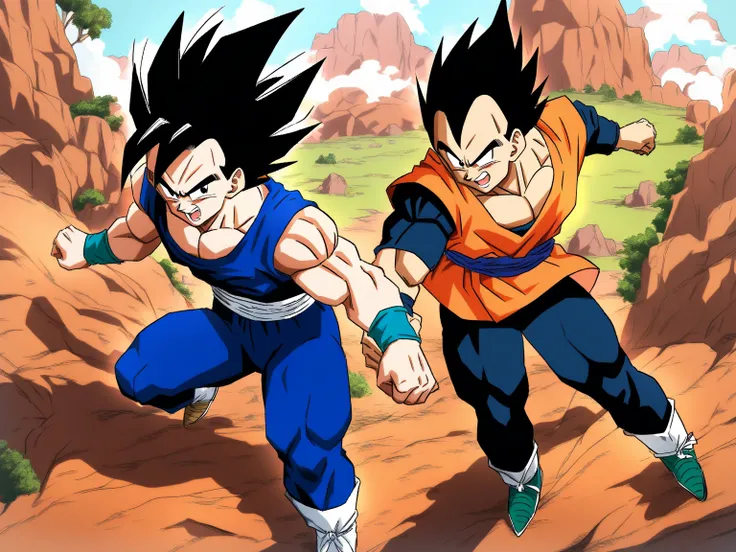 Goku and Vegeta from Dragon Ball are fighting in the wilderness