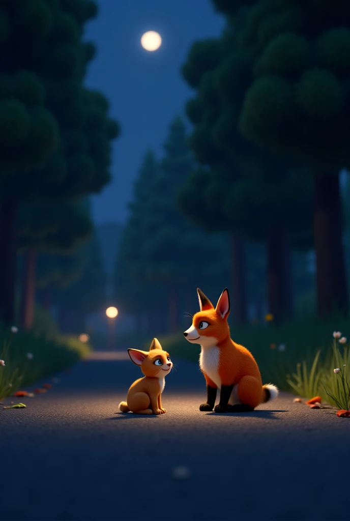 Voy a crear las imágenes siguiendo cada línea de la historia con un estilo 3D tipo Pixar. Empezaré con la primera historia: "El Conejo y el Gato Herido".


---

Imagen 1: El gato es atropellado

Narración (Inglés):
"A small cat tries to cross a lonely road...