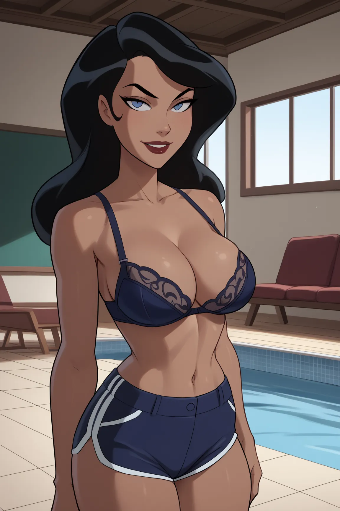 PonyXLV6_Scores BREAK ((parody) perfect anatomy, perfect eyes, cowboy shot), BREAK zatanna zatara, long hair, black hair, dark-skinned female, blue eyes, lipstick, ((looking at viewer)), navy underwire bra, navy board shorts, large breasts, curvy, athletic...