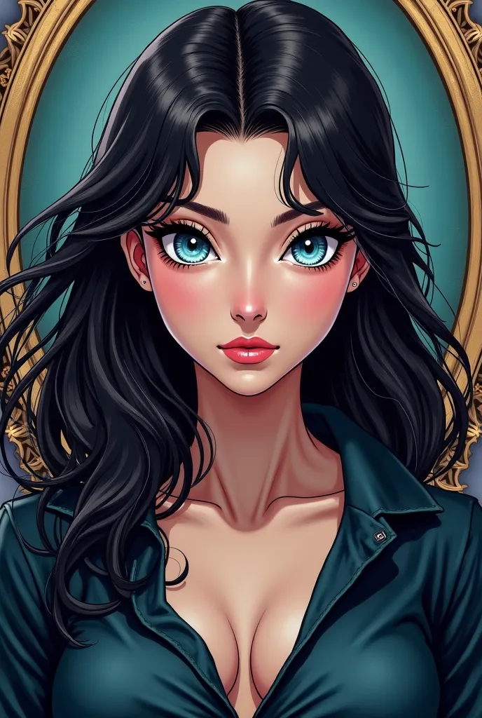 Manhwa or anime style, intimidating eyes, active, woman 25 years of age, blue eyes, black hair, a free spirit, royalty portrait theme 3/4 body portrait, front view