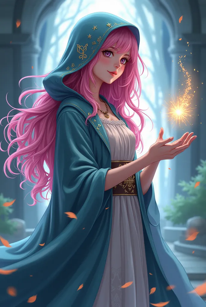 Draw me a magician (Women)  About 20 years old  (pink hair) wearing a hooded tunic worn over her full body headboard (anime style)