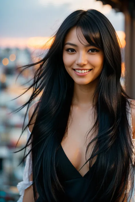 arafed woman with long black hair with deep blue high lights and, flowing black hair, with black hair, photo of a beautiful woman, long flowing black hair, blue golden hour, curly black hair, beautiful young woman, beautiful asian woman, wild ginger hair, ...