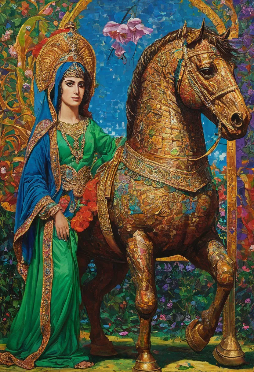 Give me a pop art oil painting of the King of Persia, the Trojan Horse, the Serpent, Adam and Eve. It should be a bit surreal with fantasy colors.