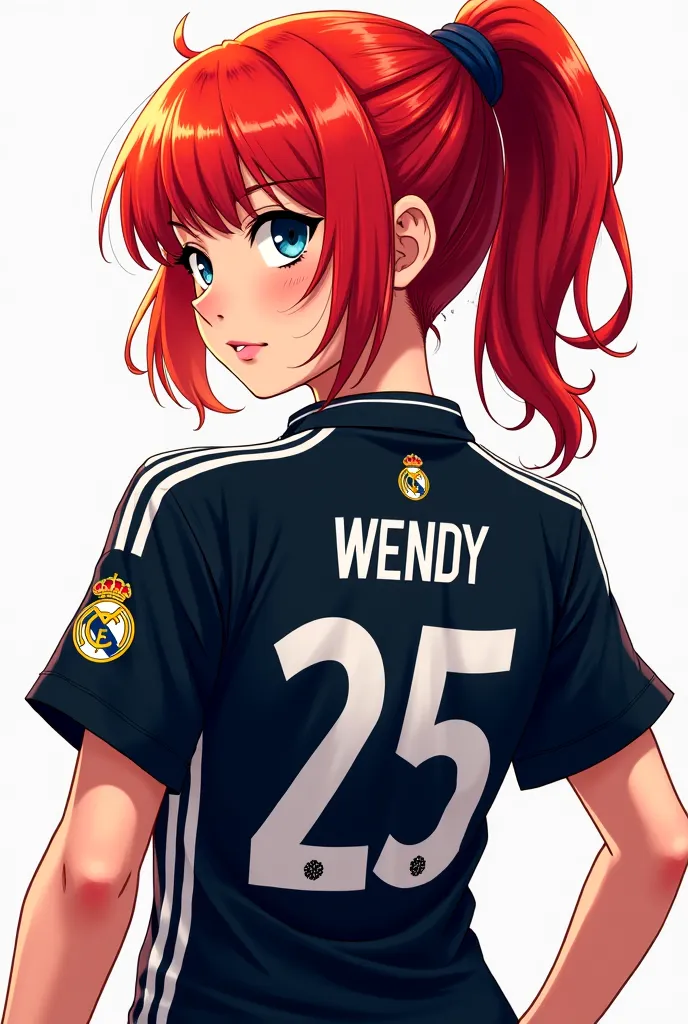 You can make a woman in anime with red hair and a black Real Madrid uniform with the number 25 and the name of WENDY 