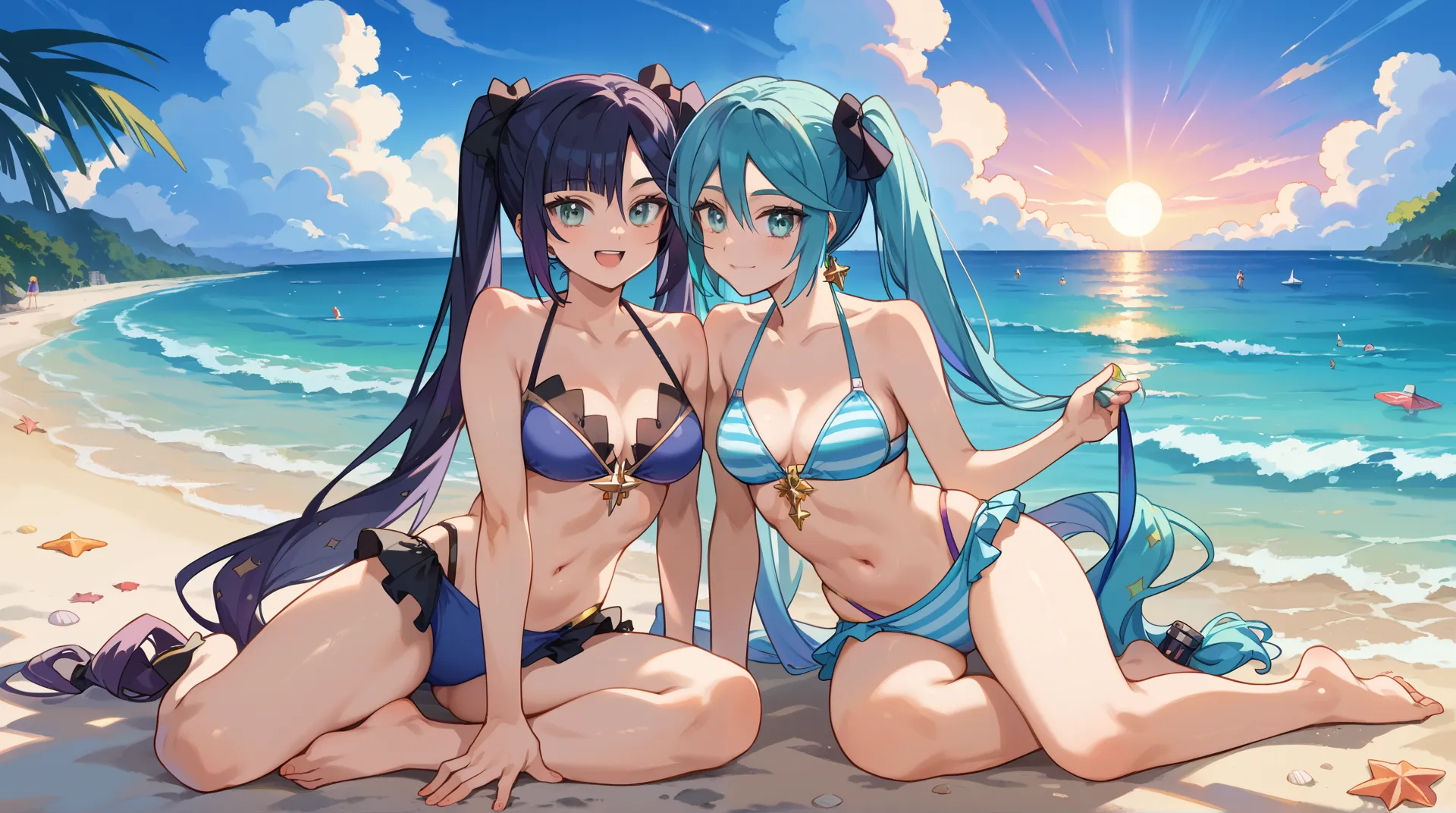 a screen with a lot of anime girls, haku, miku, luka, kafka, mona,marin,all in bikini,