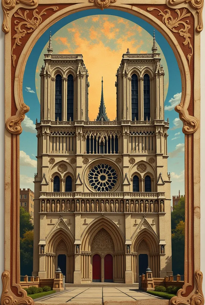 Texture that mimics an ancient scroll or carved stone, referring to the Middle Ages,  Aged tones such as beige , brown and gold to give it a historic air. An illustration of a Gothic cathedral (as Notre-Dame de Paris) with ogival arches and stained glass w...