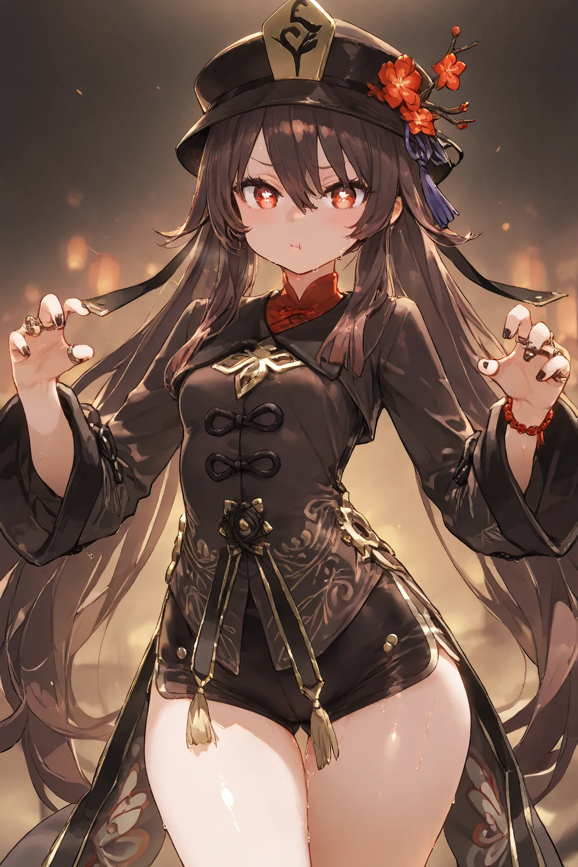 (hutao, long hair, bangs, brown hair, red eyes, hair between eyes, twintails, sidelocks, symbol-shaped pupils,), (long sleeves, hat, jewelry, flower, shorts, wide sleeves, coat, chinese clothes, black shorts, ring, black nails, hat ornament, hat flower,),t...