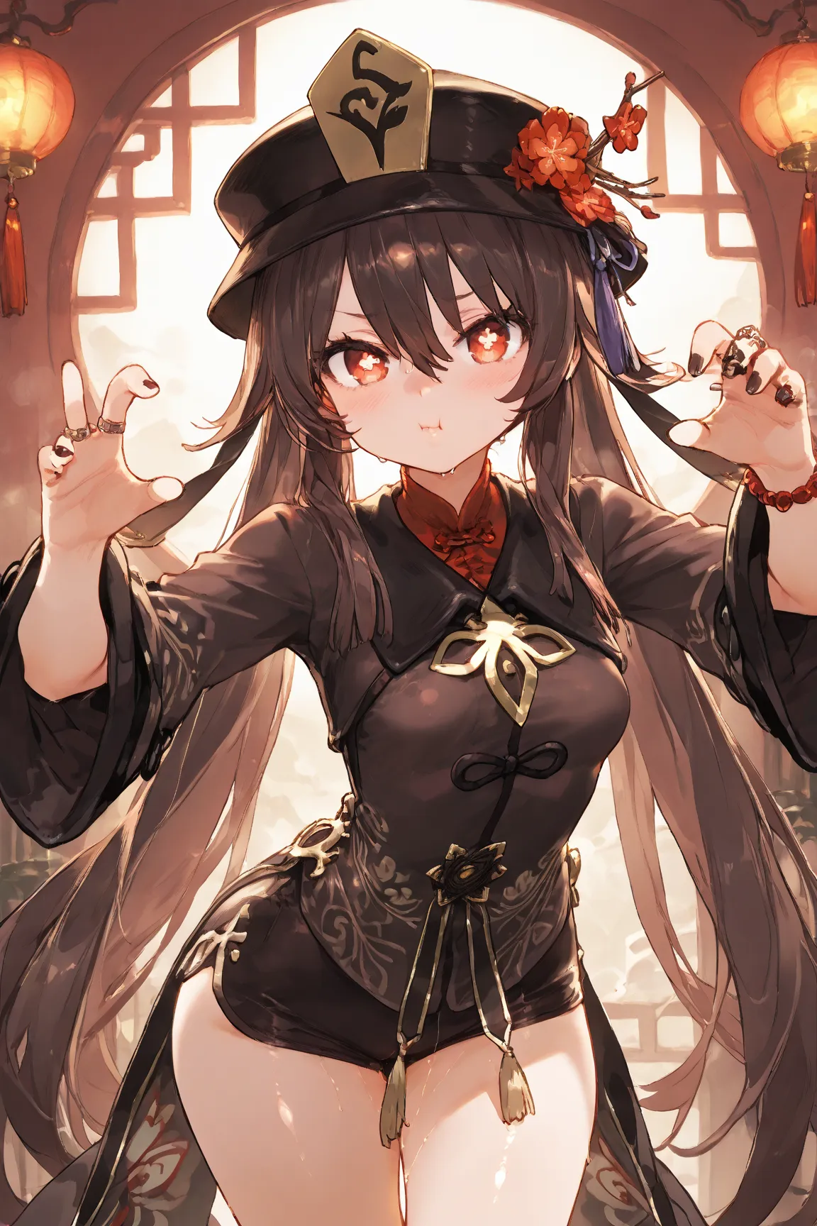 (hutao, long hair, bangs, brown hair, red eyes, hair between eyes, twintails, sidelocks, symbol-shaped pupils,), (long sleeves, hat, jewelry, flower, shorts, wide sleeves, coat, chinese clothes, black shorts, ring, black nails, hat ornament, hat flower,),t...