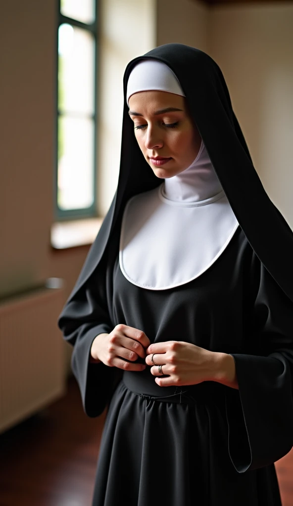 In the quiet convent of Clause of Little Sisters of Charity, , a young nun is dedicated to the artisanal task of dressing herself with devotion and skill. Although her hands work deftly to put on the bra, her mind is at peace while. The soft sound of sacre...