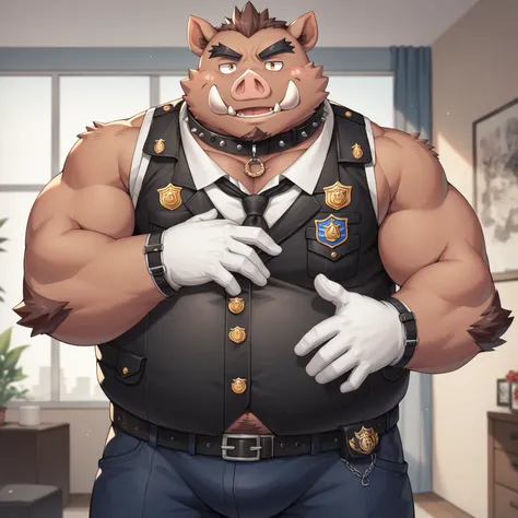 Scribble Boar face,Humanity(Boar),Chubby,(Black eyebrows:1.1),(Perfect eyes),Smooth Skin，（artist:Takemoto Arashi），Living room background，（Collar:1.3），claw，（Police Uniform:1.3）。Wearing a Leather collar around his neck. Wearing white gloves on his hands, fan...