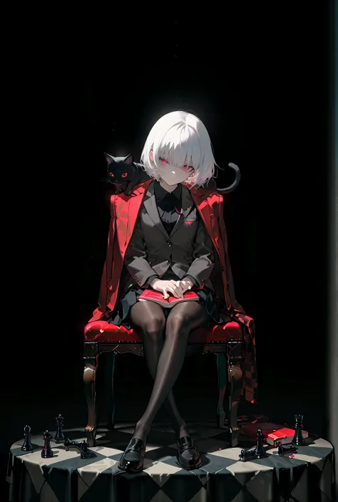 masterpiece, best quality, ultra detailed, score_9, score_8_up, score_7_up, score_6_up, score_5_up, score_4_up, 1girl, masterpiece, best quality, ultra detailed, short hair, white hair, black pleated skirt, black shirt, long sleeves, pale beige suit, (anot...