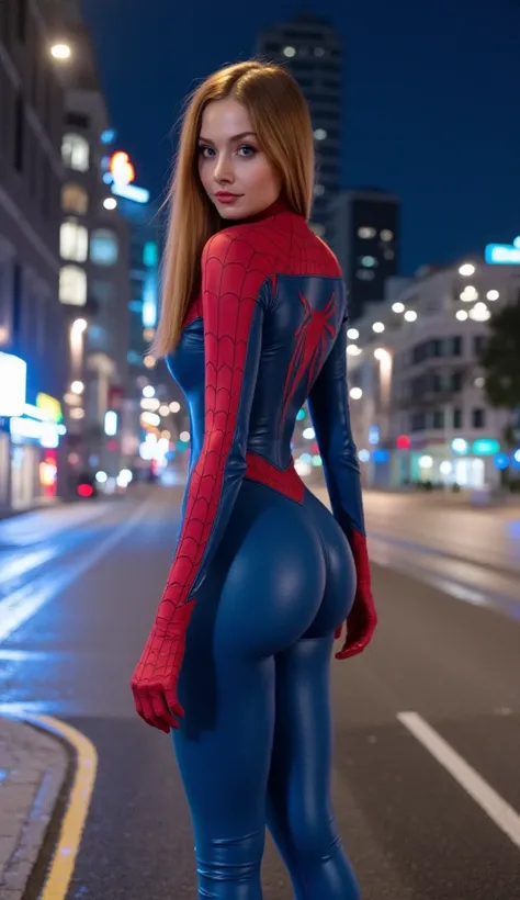 woman in Spiderman costume walking, The suit should be like shiny leather, The suit must have the characteristic color of Spiderman red and blue,  VERY REALISTIC, Background of a city at night with LED lights, Cinematic