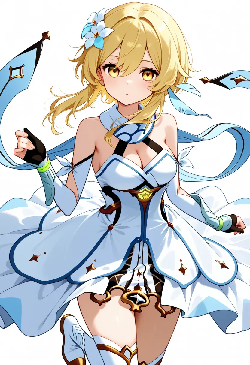 lumine, bangs, blonde hair, hair ornament, hair between eyes, yellow eyes, flower, hair flower, feather hair ornament, dress, bare shoulders, detached sleeves, scarf, white dress, white footwear, cleavage, detached collar,
