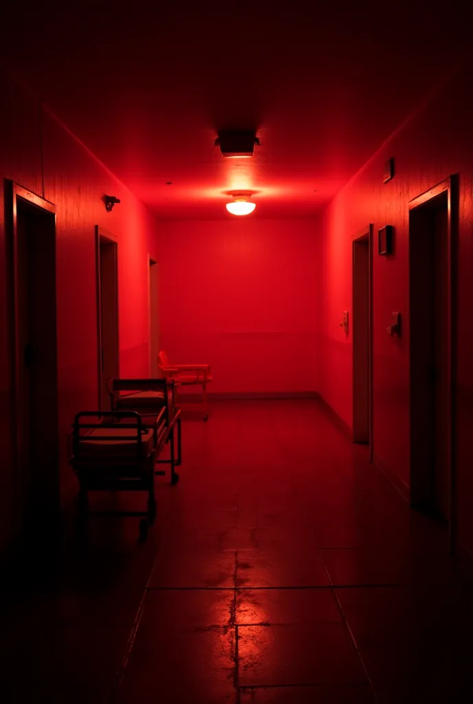 Create a gloomy mental hospital room with red lighting in 1080x1920. There should be little light in the image, and lots of space in the center 