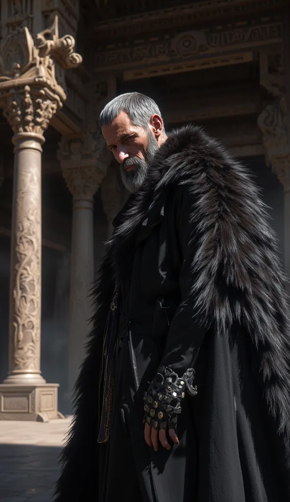 closeup of a sinister ancient 45 years old man standing in an ancient Achaemenid Persian palace, glancing sideways at the camera with a mysterious smile. He has short gray hair and sparse bearded, and wearing a luxurious outfit made of fox fur. The grand p...