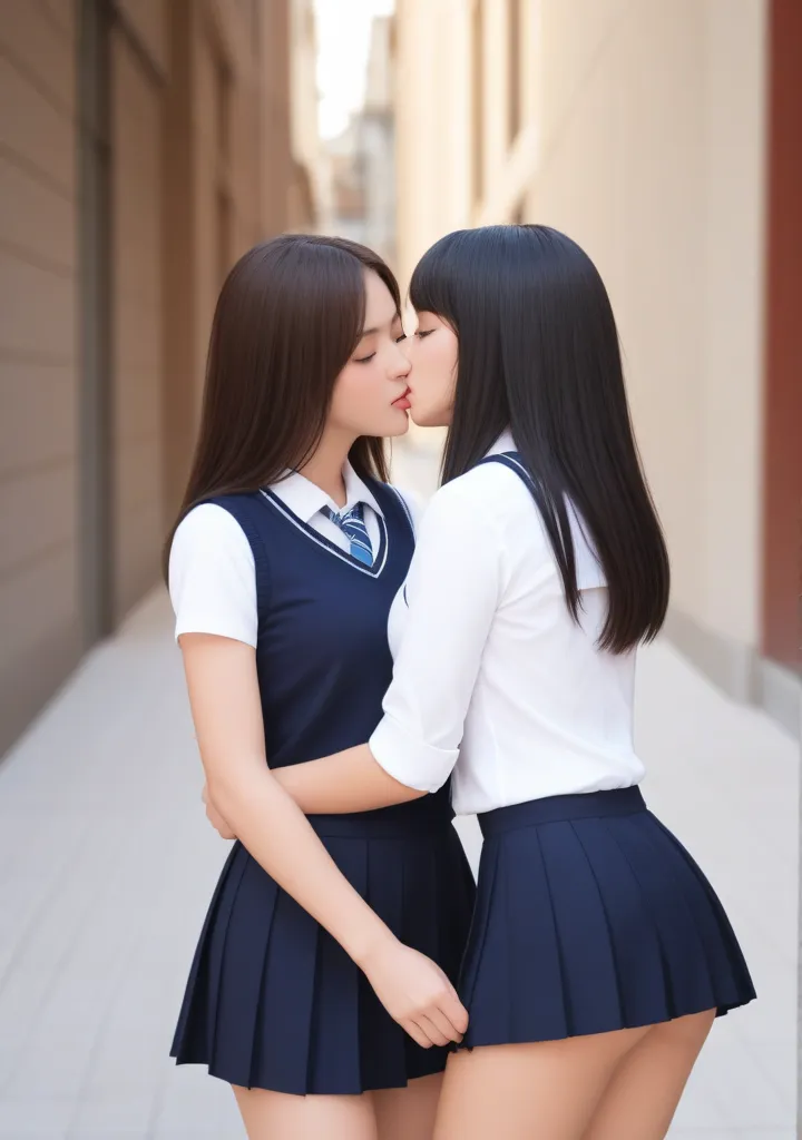 2 beautiful school girls lesbian, french kissing Wearing school uniform with short skirts, dating in public class room, romantic, high resolution