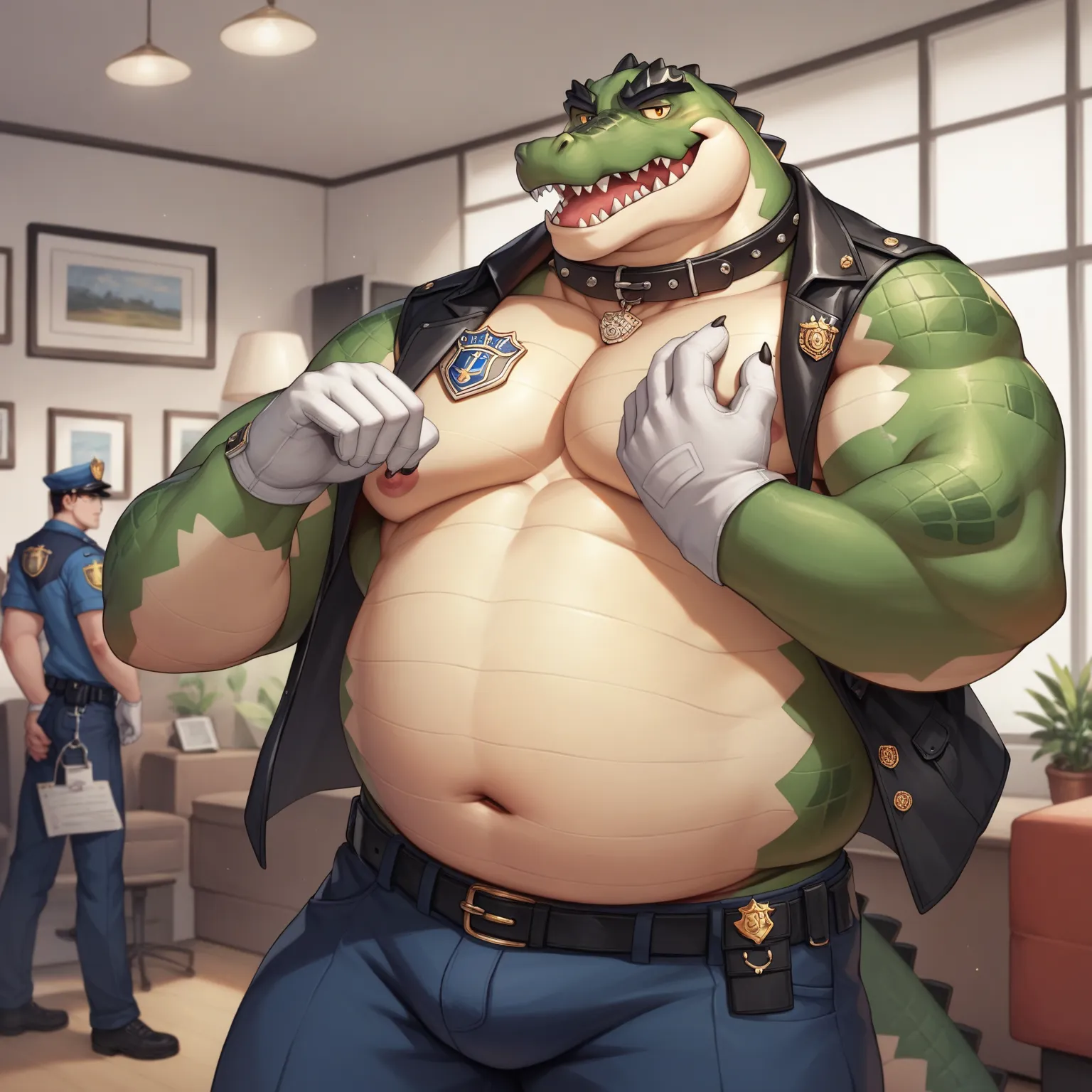 Scribble Crocodile face,Humanity(Crocodile),Chubby,(Black eyebrows:1.1),(Perfect eyes),Smooth Skin，（artist:Takemoto Arashi），Living room background，（Collar:1.3），claw，（Police Uniform:1.3）。Wearing a Leather collar around his neck. Wearing white gloves on his ...