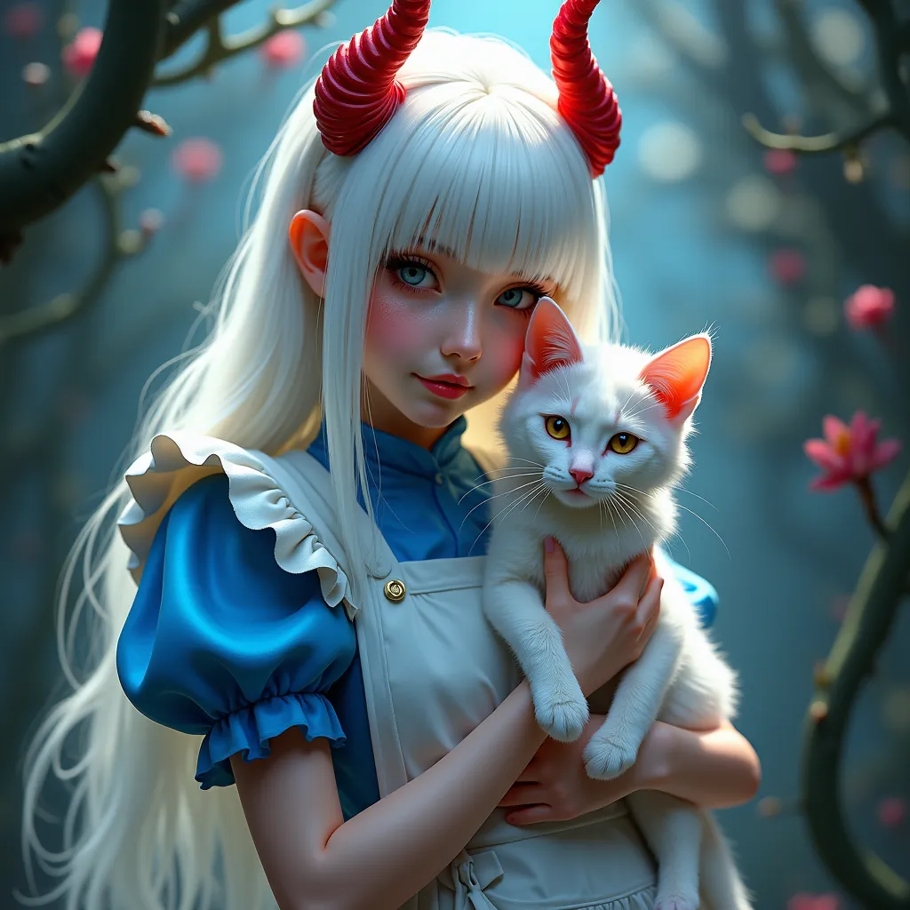 
Sexy Alice in Wonderland, white hair and red horns, wirh blue dress and a blue apron,  holding magic cat 